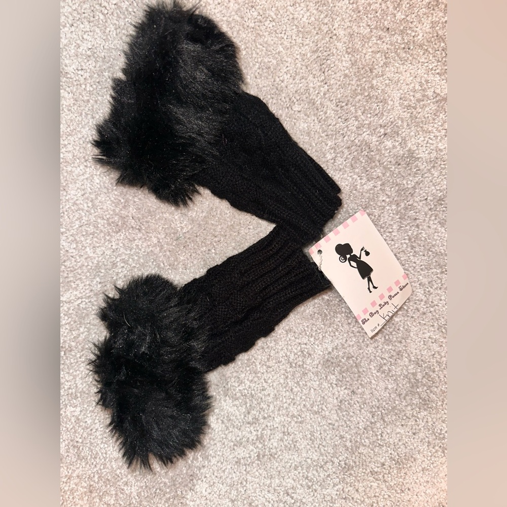 Y2K Black Knit Faux Fur Fingerless Gloves